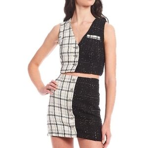GB Tweed Color Blocked Skirt & Vest Set w Crystal Jewel Buttons